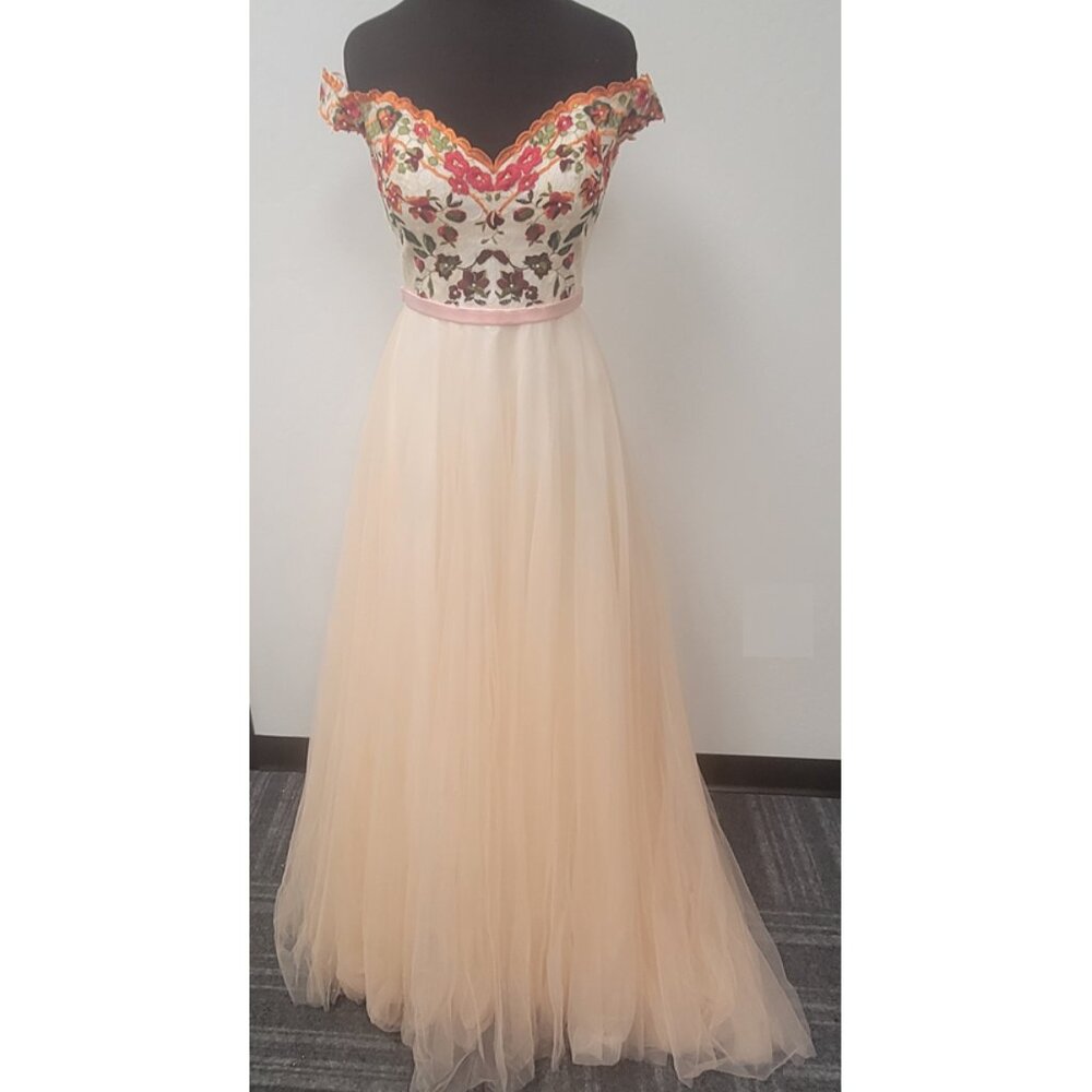 Blush Off-Shoulder Tulle Gown with Floral Embroidery